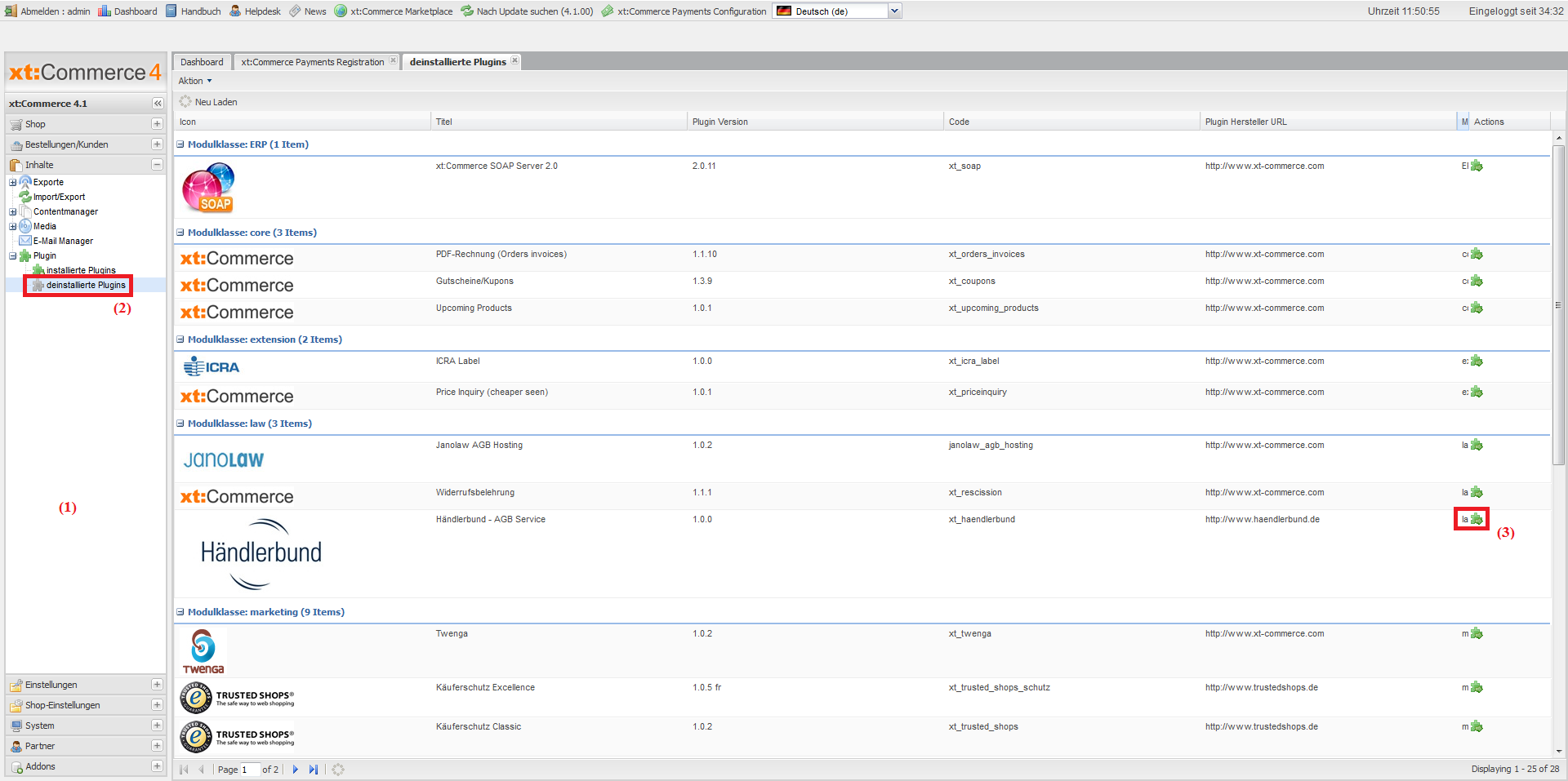 Screenshot der xtCommerce Plugin Verwaltung